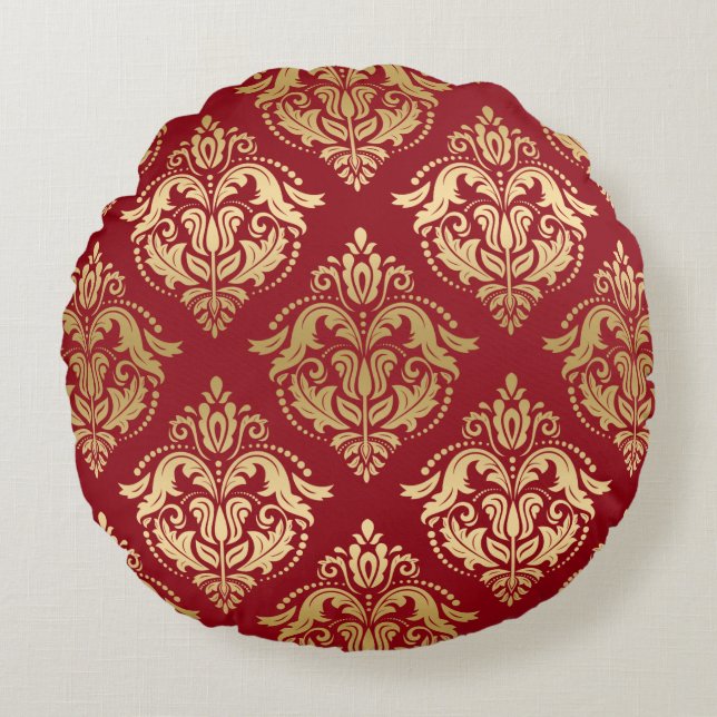 Omkeerbare Bourgogne & Goud  Bloemendamast Rond Kussen (Voorkant)