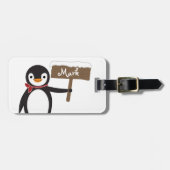 Omkeerbare knuffel van een pinguïn met sjaal en bo bagagelabel (Voorkant horizontaal)