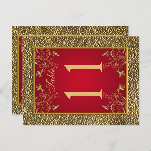 Omkeerbare rode en gouden bloemen tafel nummer briefkaart (Voorkant / Achterkant)