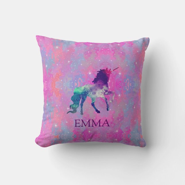 Omkeerbare roze/Paarse Galaxy Unicorn Name Pillow Kussen (Voorkant)
