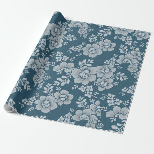 Omkeerbare witte bloemen Vloeiend Blauwe Achtergro Cadeaupapier