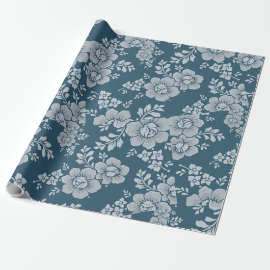 Omkeerbare witte bloemen Vloeiend Blauwe Achtergro Cadeaupapier (Uitgerold)