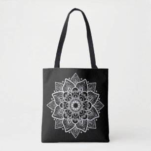 Omkeerbare zwart-wit bloemmandala tote bag