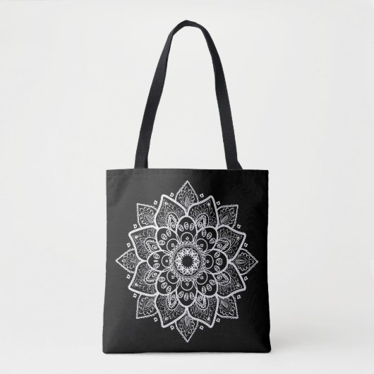 Omkeerbare zwart-wit bloemmandala tote bag (Voorkant)