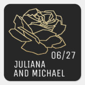 Omlijnde Roos Bloem met namen, bruiloft zwart Vierkante Sticker (Voorkant)