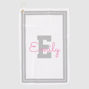 Omlijst naam & monogram Lichtgrijs & Roze Golfhanddoek