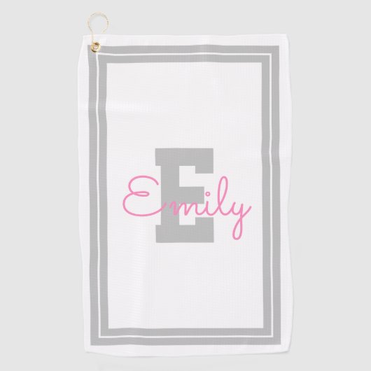 Omlijst naam & monogram | Lichtgrijs & Roze Golfhanddoek (Voorkant)