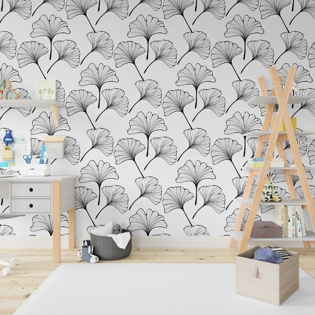 Omtrek Boho Ginkgo Biloba bladeren Behang (Outline Boho Ginkgo Biloba Leaves Wallpaper)