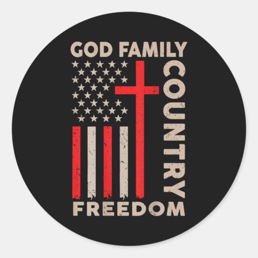 On-back God Family Country Dom Patriotic Christian Ronde Sticker (Voorkant)