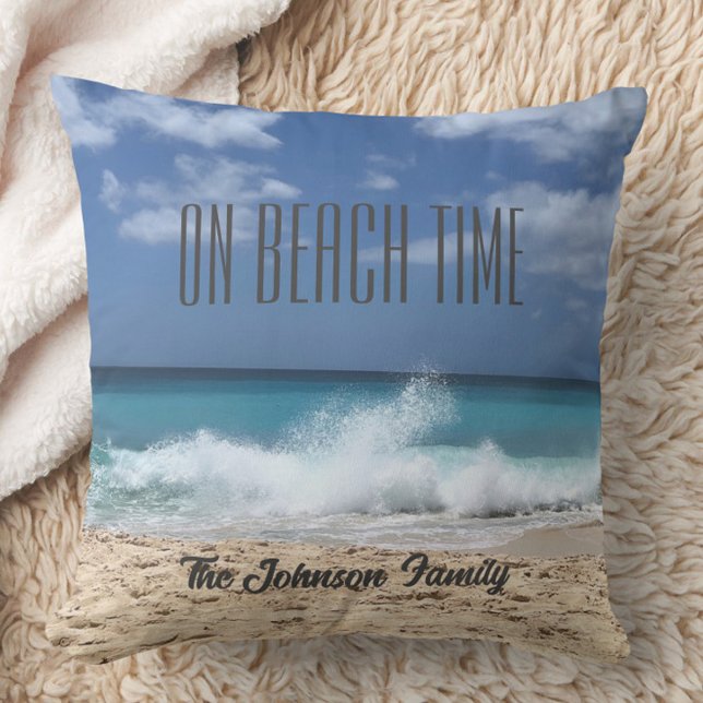 On Beach Time gepersonaliseerd tropisch paradijs Kussen (Personalized Beach Throw Pillow, Family Name, Beach House Gift, Housewarming Gift)