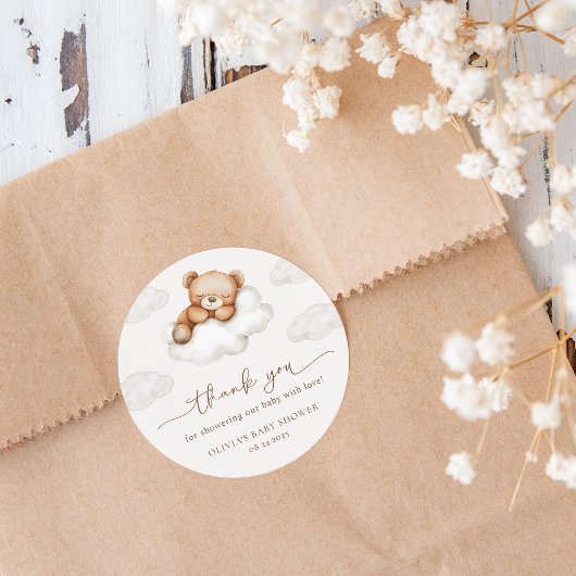 On Cloud Nine Neutral Teddy Bear Baby Shower Favor Ronde Sticker