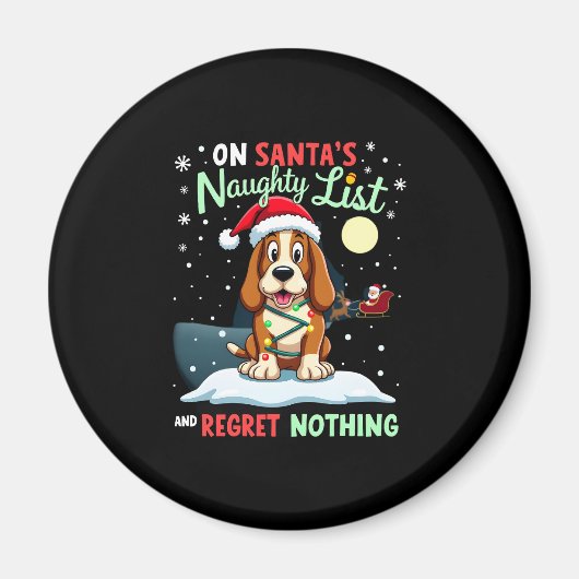 On Santa's Xmas Naughty List Regret Nothing Basset Magneet (Voorkant)