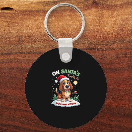 On Santa's Xmas Naughty List Regret Nothing Basset Sleutelhanger (Voorkant)