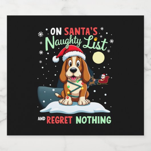 On Santa's Xmas Naughty List Regret Nothing Basset Sparkling Wijnetiket (Enkel label)