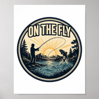 On The Fly — Een flyfisher die aan het werpen is b Poster