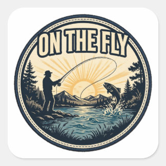 On The Fly — Een flyfisher die aan het werpen is b Vierkante Sticker