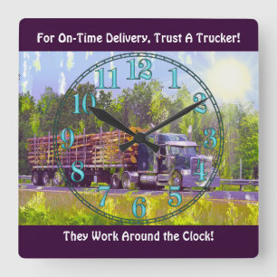 On-Time Delivery Logging Truck Wall Clock Vierkante Klok
