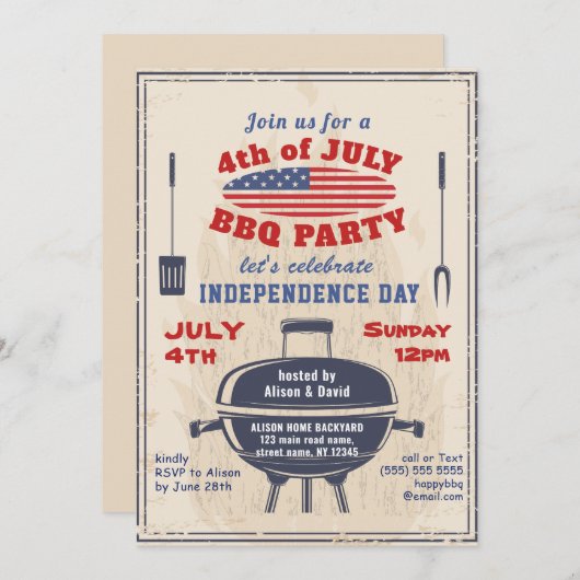  Onafhankelijkheidsdag 4e van JULY BBQ Kaart (Voorkant / Achterkant)