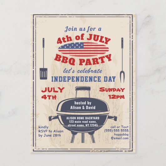 Onafhankelijkheidsdag 4e van JULY BBQ Uitnodiging Briefkaart (Voorkant)