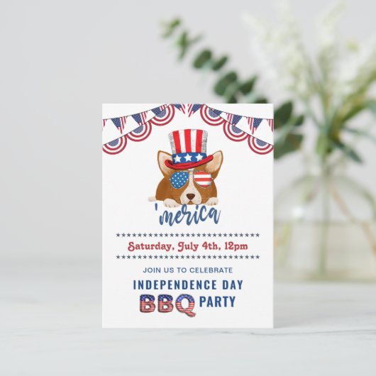 Onafhankelijkheidsdag Amerikaanse vlag Corgi BBQ Uitnodiging Briefkaart (Staand voorkant)