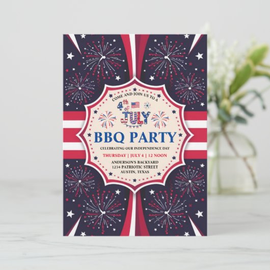 Onafhankelijkheidsdag BBQ 4 juli Vuurwerkfeest Kaart (Staand voorkant)