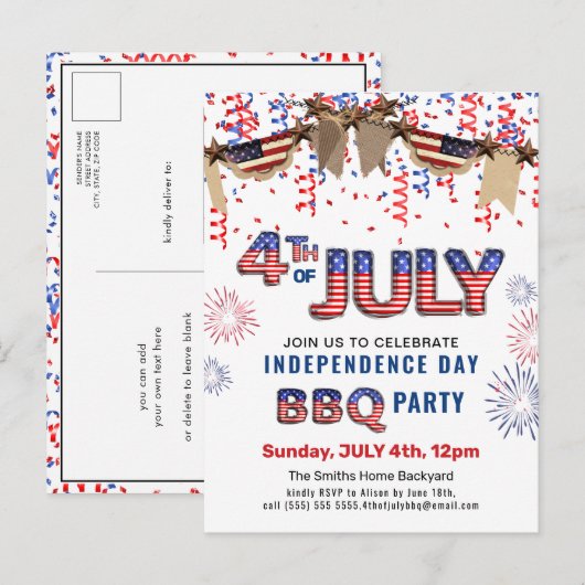 Onafhankelijkheidsdag Fireworks Red White Blue BBQ Uitnodiging Briefkaart (Voorkant / Achterkant)