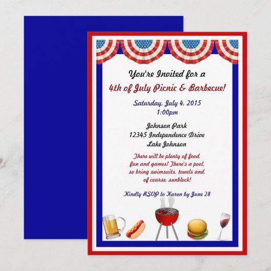 Onafhankelijkheidsdag picknick en barbecue uitnodi kaart (Voorkant / Achterkant)