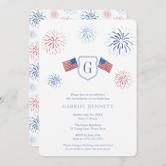 Onafhankelijkheidsdag vuurwerk 1e verjaardag kaart (Voorkant / Achterkant)