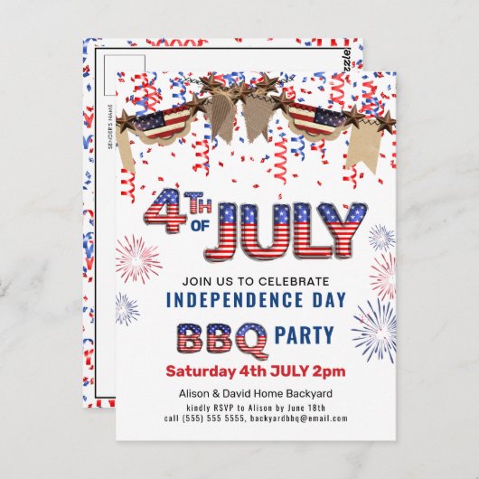 Onafhankelijkheidsdag vuurwerk Confetti BBQ Uitnod Briefkaart (Voorkant / Achterkant)