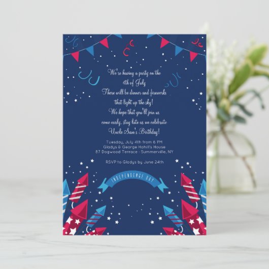 Onafhankelijkheidsdag vuurwerk uitnodiging (Staand voorkant)