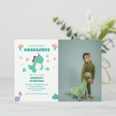Onasaurus kleine dinosaurus 1e verjaardag foto kaart (Staand voorkant)