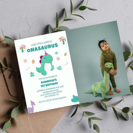 Onasaurus kleine dinosaurus 1e verjaardag foto kaart