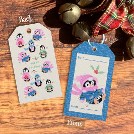 Onbeholpen pinguïn verstrikt in Kerstverlichting C Cadeaulabel