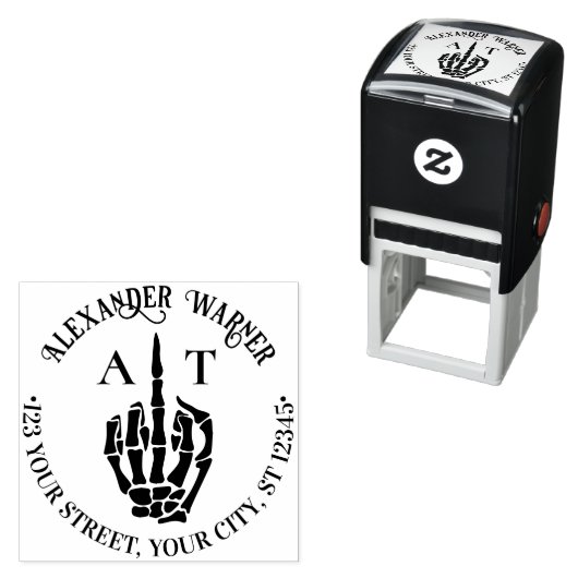 Onbeleende skelet hand middelste vinger naam init   zelfinktende stempel (In situ)