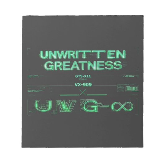 "Onbeschreven Grootheid" Cyberpunk Notitieblok (Voorkant)