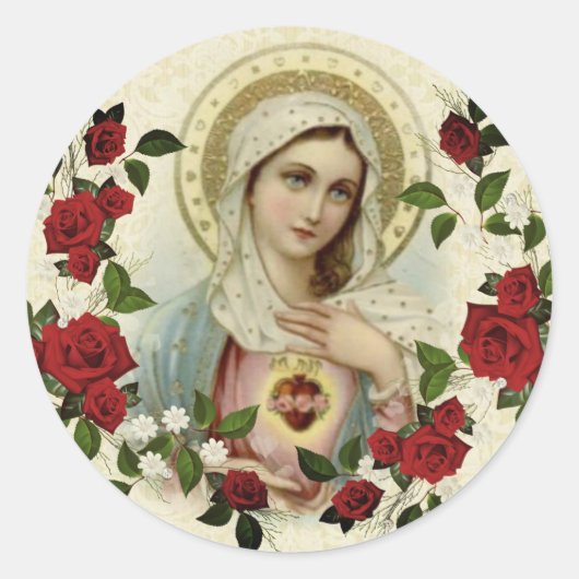 Onbevlekt Hart Maagd Maria Rode Rozen Ronde Sticker (Voorkant)