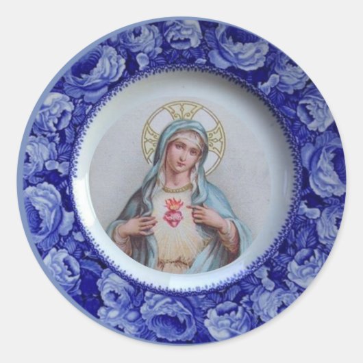 Onbevlekt Hart van Maagd Maria Blauw Rozen Ronde Sticker (Voorkant)