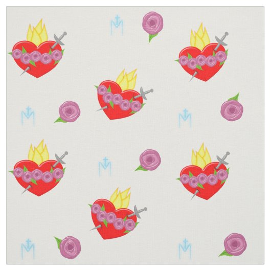 Onbevlekt Hart van Maria Rozen & Witte Achtergrond Stof (Swatch)