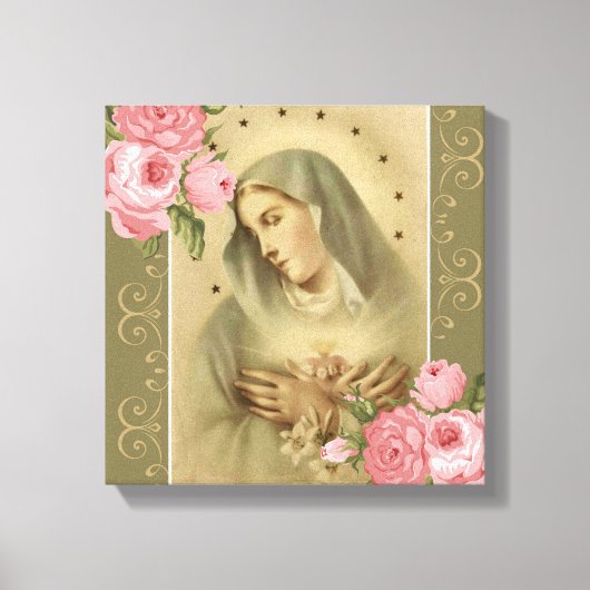 "Onbevlekt hart van Mary Pink Roses Lelies Sterren Canvas Afdruk (Voorkant)