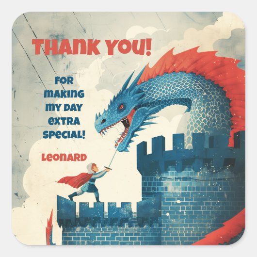 Onbevreesde Ridder en Draak Verjaardagsfeestje Vierkante Sticker (Voorkant)