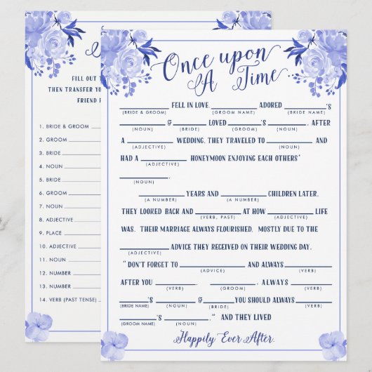 Once Upon A Time Love Story Bruids Libs Game Blauw Kaart (Voorkant / Achterkant)