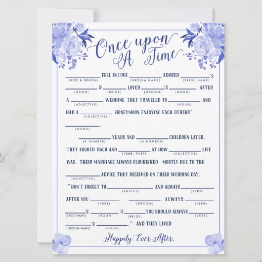 Once Upon A Time Love Story Bruids Libs Game Blauw Kaart (Voorkant)