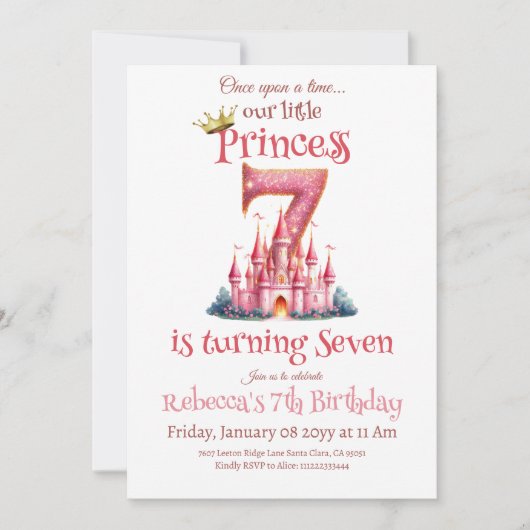 Once Upon a Time Prinses Castle Meisje 7e verjaard Kaart (Voorkant)