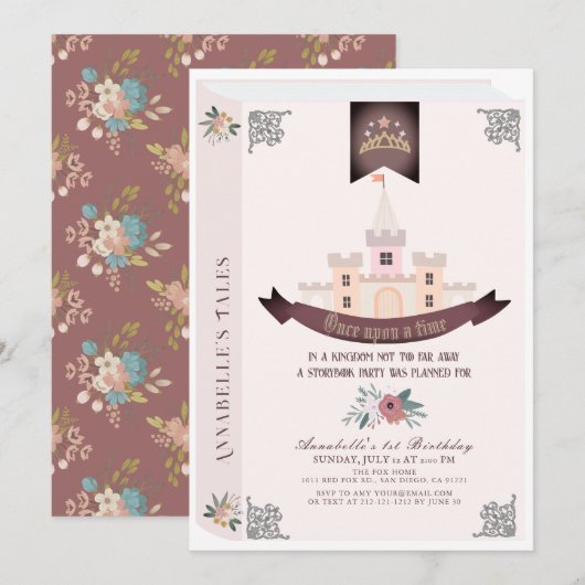 Once Upon A Time Storybook Pink 1st Birthday Kaart (Voorkant / Achterkant)