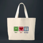 Oncoloog Kantoor vredesliefhebber Grote Tote Bag<br><div class="desc">Een mooi oncoloog cadeau met een vredesteken, hart en het medische kaducse symbool. Peace Love Oncology. De geweldige artsen steunen op het gebied van genezing en hulp aan kankerpatiënten.</div>
