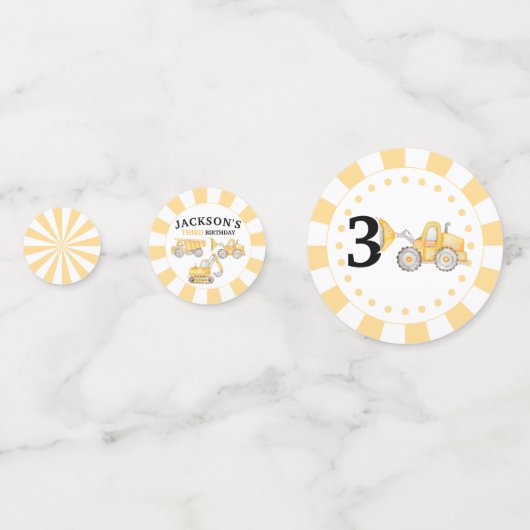 Onder bouwplaats vrachtwagens jongen verjaardagsta confetti (Achterkanten)