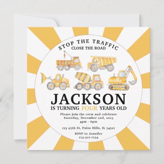 Onder bouwplaats vrachtwagens verjaardagsuitnodigi kaart (Voorkant)
