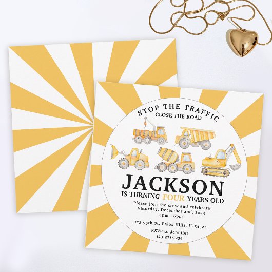 Onder bouwplaats vrachtwagens verjaardagsuitnodigi kaart