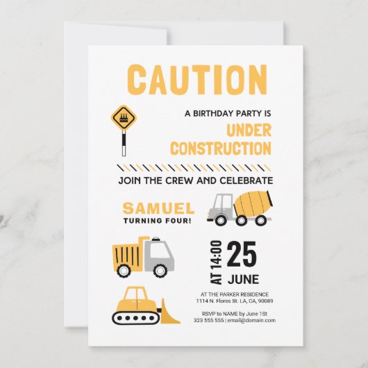 Onder constructie thema Kids Verjaardagsfeest Kaart (Voorkant)