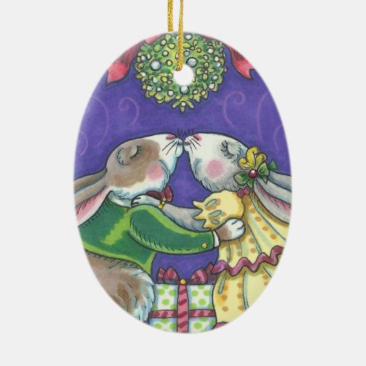 Onder de Mistletoe CHRISTMAS RABBITS-ORNAMENT Keramisch Ornament (Achterkant)